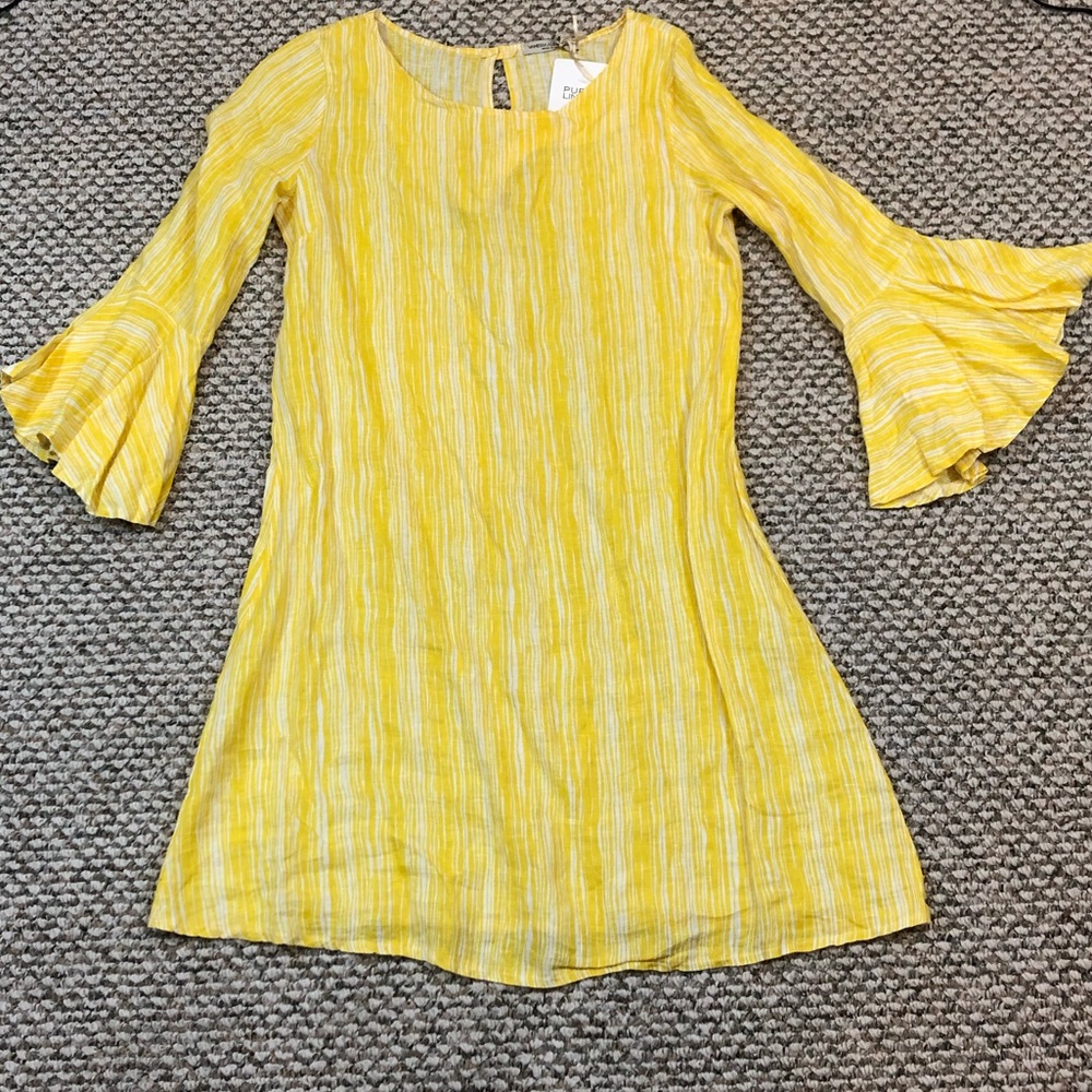 NWT Italian Linen Yellow & White Bell Sleeve Dress